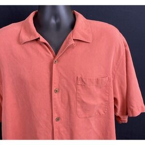 Tommy Bahama Hawaiian Silk Button Up Shirt Orange Short Sleeve Mens Size Large L
